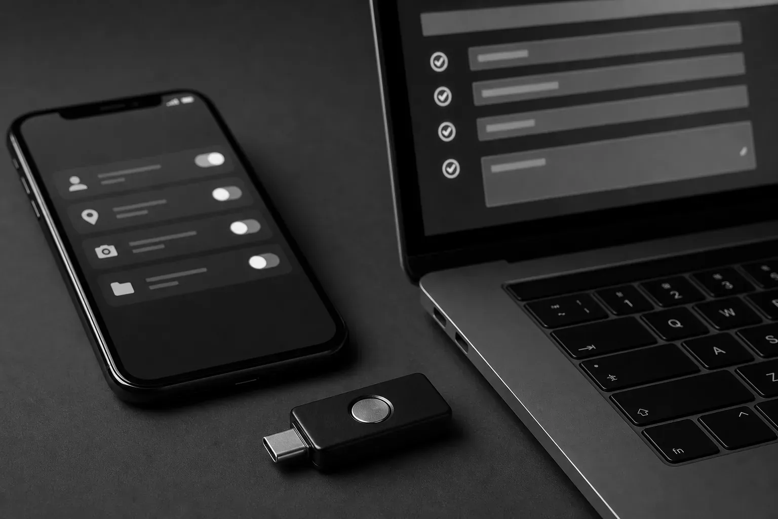 Celular com controles de permissão, notebook e chave física de segurança
