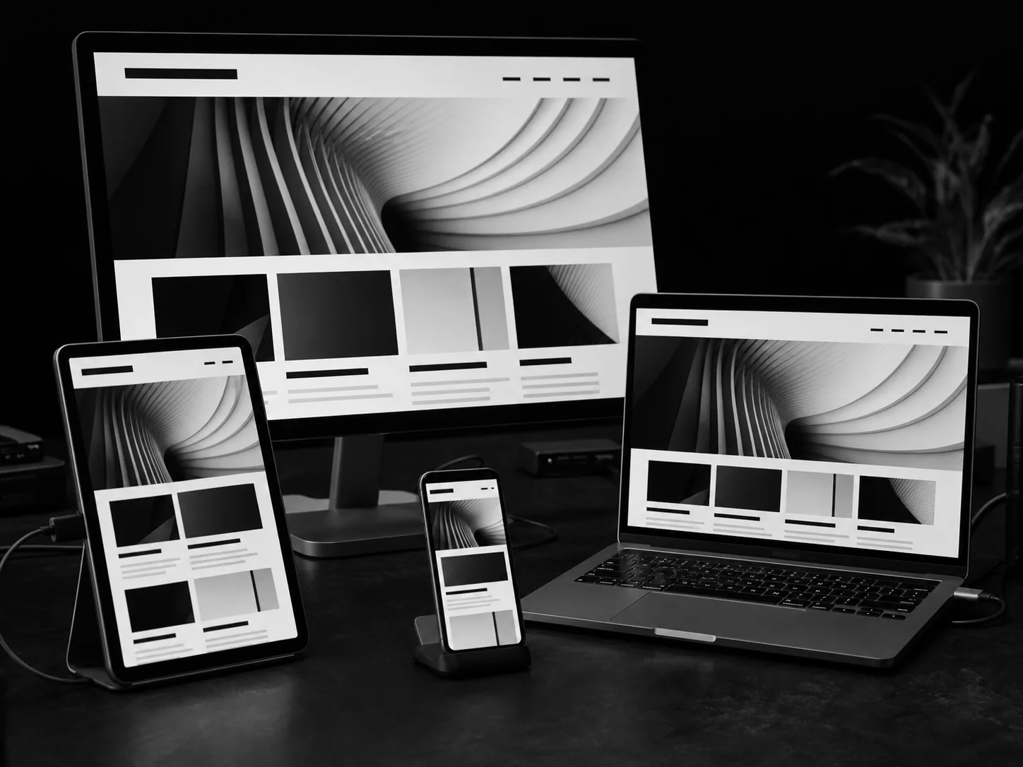 Um mesmo site sendo testado em monitor, notebook, tablet e celular.