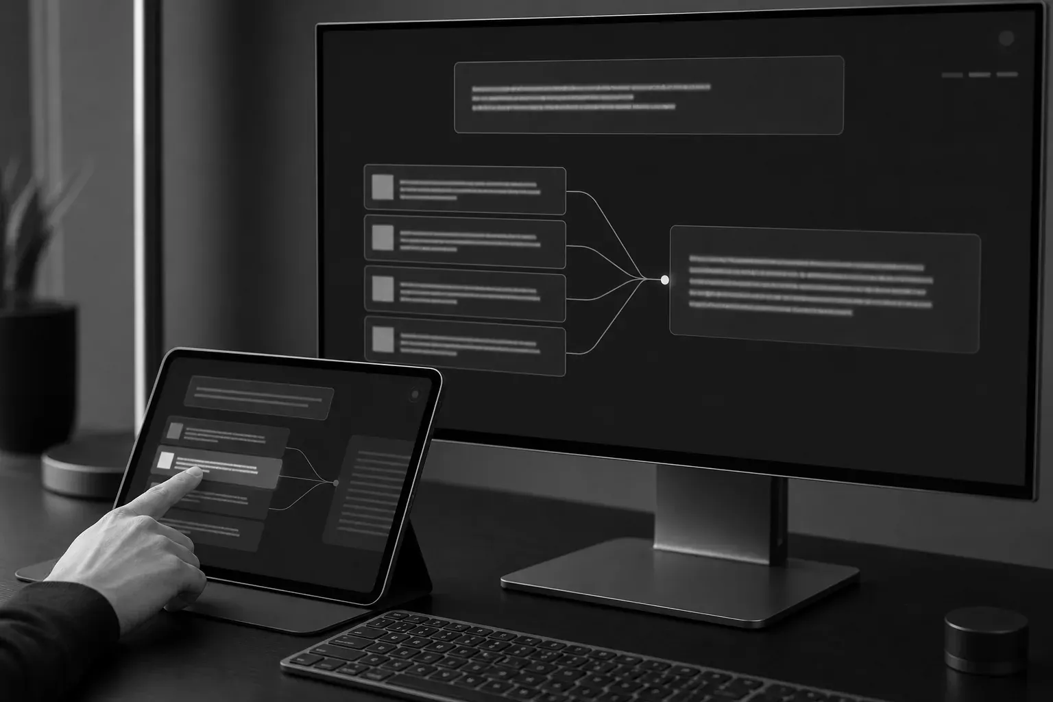 Fontes abstratas conectadas a uma resposta em um monitor e um tablet