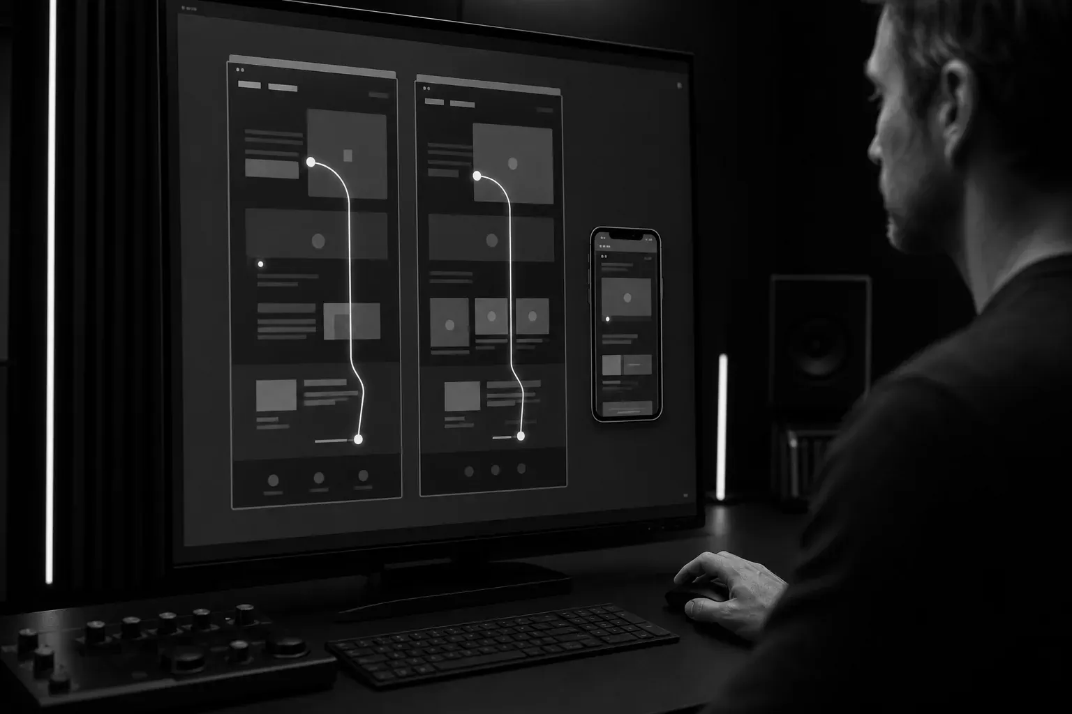 Profissional comparando duas landing pages digitais e uma prévia no celular