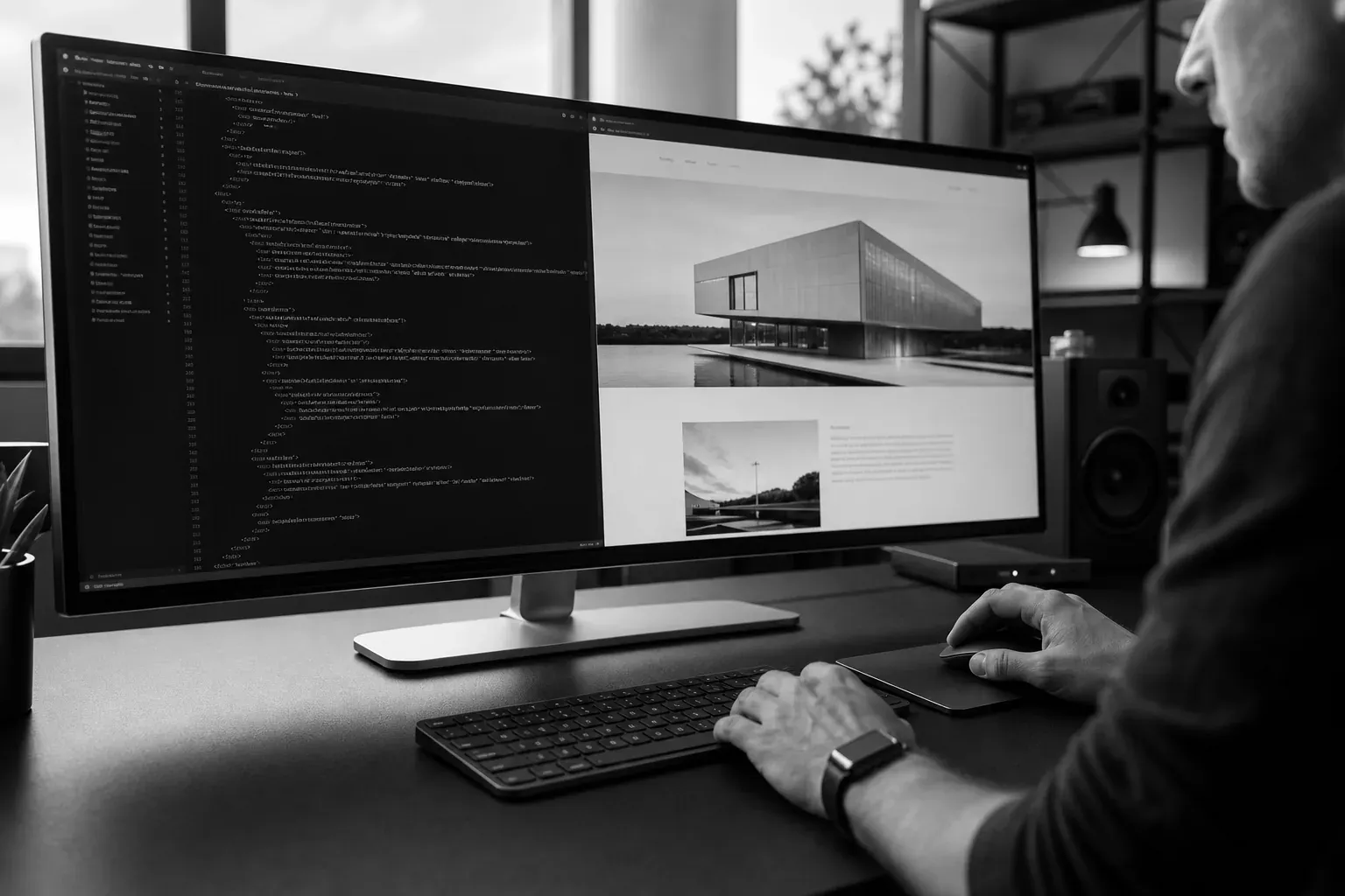 Desenvolvedor inspecionando código e a prévia de um site em um monitor amplo
