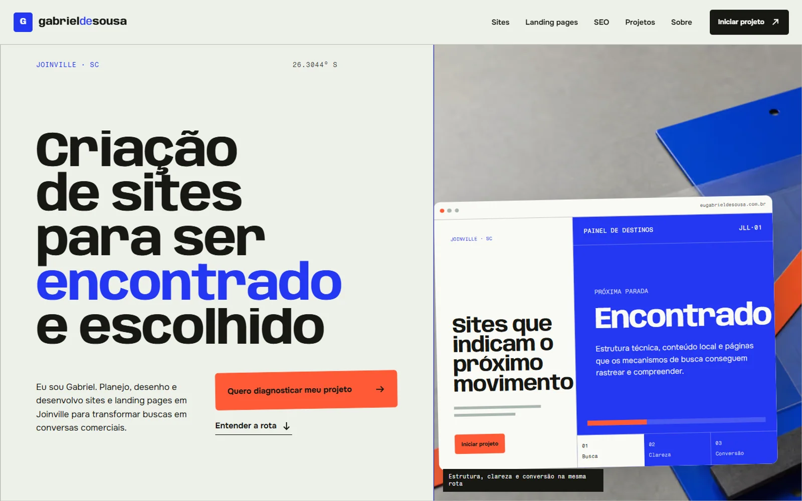 Página inicial monocromática do site eugabrieldesousa.com.br, com headline e folha de contato editorial